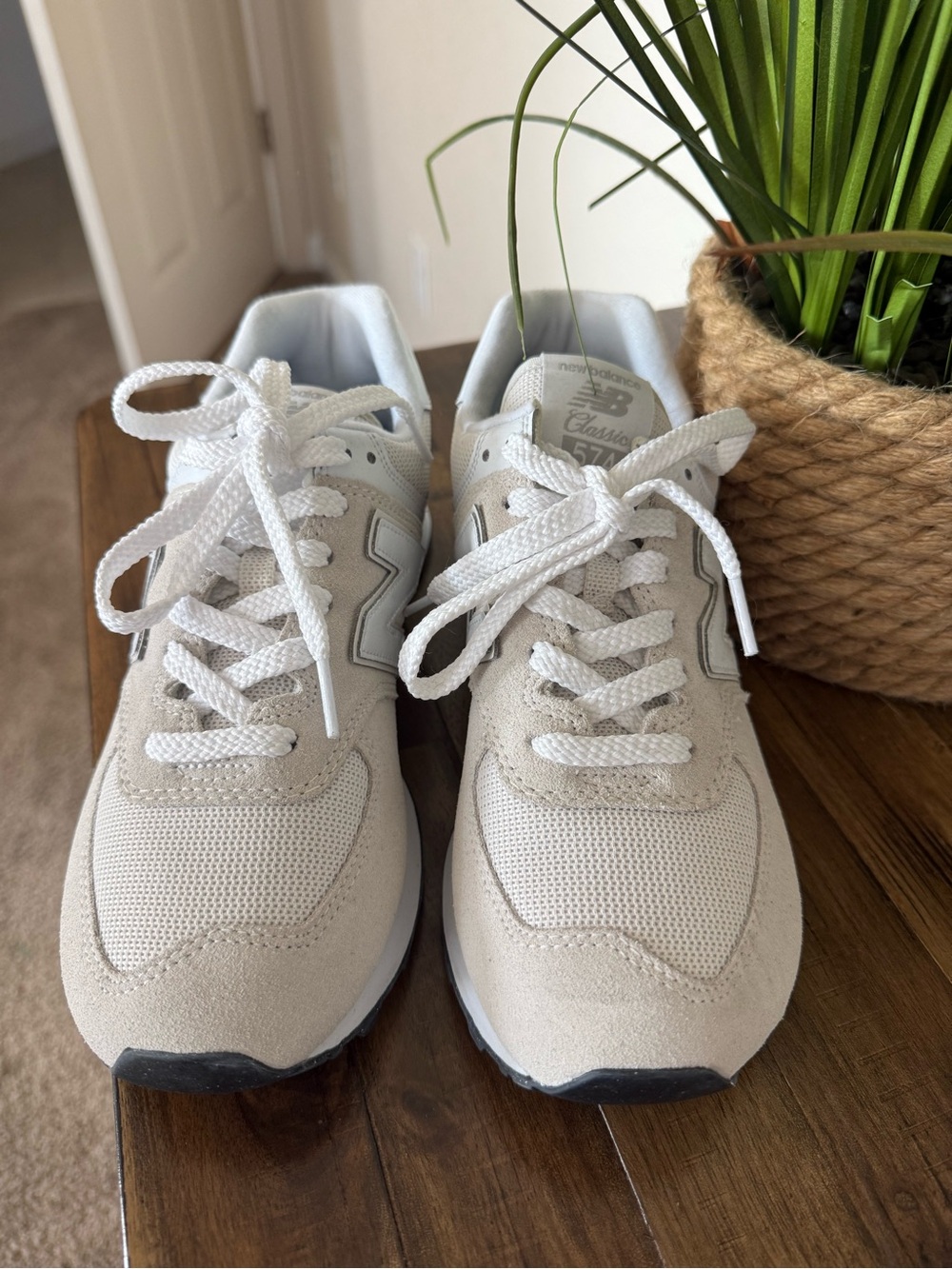 New Balance Women’s Neutral Beige and White Lace-Up Sneakers